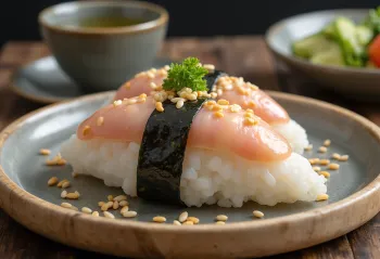 Onigiri thon-mayonnaise, forme triangulaire, saupoudré de graines de sésame, avec algue nori