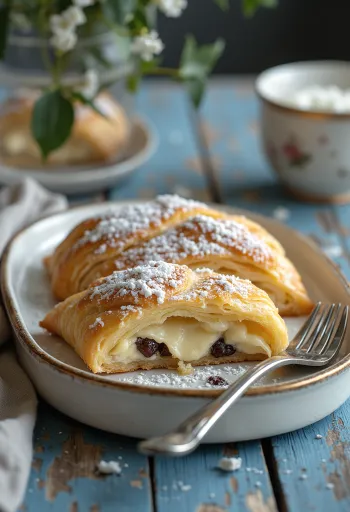 Strudel au fromage blanc cuit doré, saupoudré de sucre glace