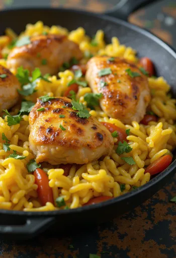 Arroz con Pollo, poulet au riz épicé servi avec coriandre