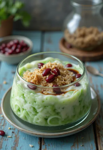 Cendol aux haricots rouges, décoré de lait de coco frais et de feuille de pandan