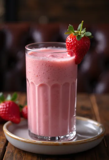 Smoothie aux fraises dans un grand verre, décoré de tranches de fraises fraîches
