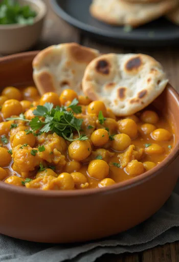 Curry de pois chiches épicé servi avec riz et coriandre