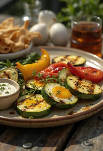 Sélection colorée de légumes grillés saupoudrés d'herbes fraîches.