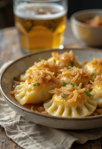 Pierogi à la choucroute servis avec crème et oignons frits