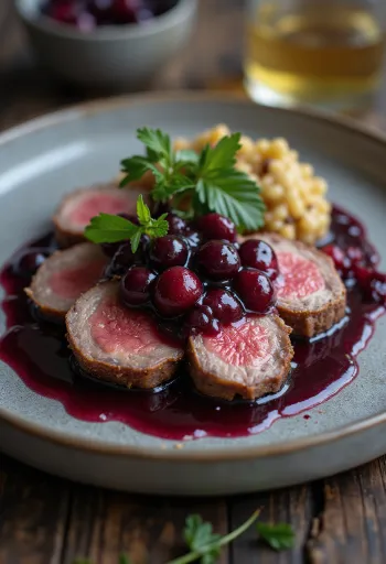 Rôti d'autruche sauce aux fruits rouges servi sur une assiette avec garniture.