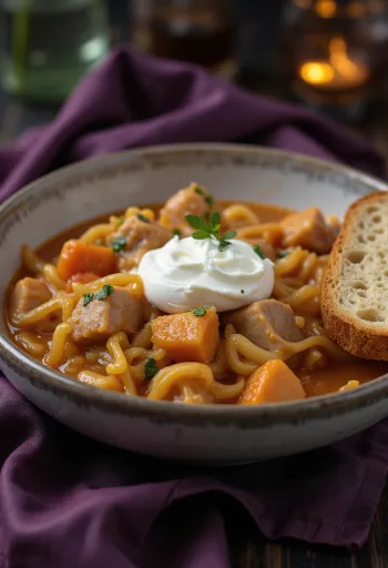 Székelygulyás servi généreusement avec de la crème aigre, du pain frais et du piment.