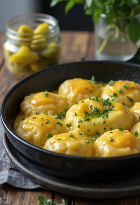 Nokedli aux œufs saupoudrés de persil frais, servis avec des pickles maison.