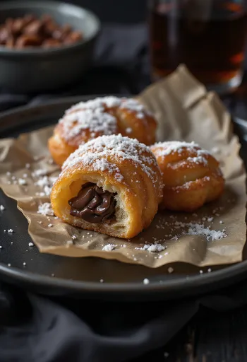 Zeppole servi avec de la crème au chocolat, petit beignet doré surmonté de chocolat