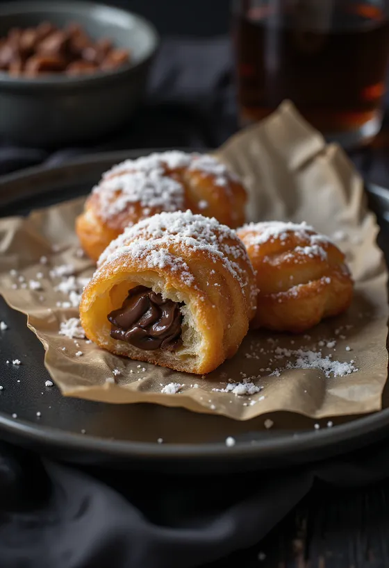 Zeppole servi avec de la crème au chocolat, petit beignet doré surmonté de chocolat