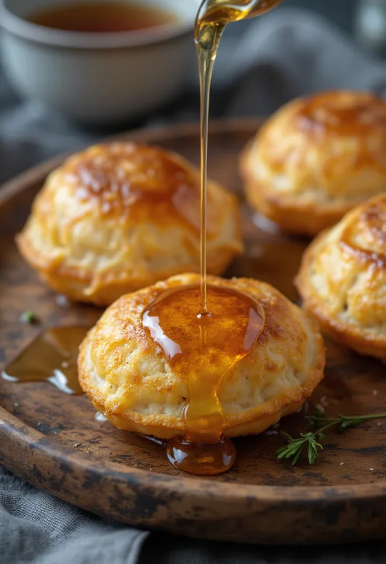Æbleskiver sucrés au miel, beignets frais et moelleux servis