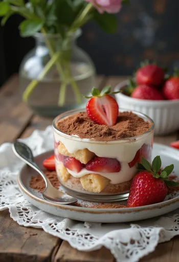 Tiramisu aux fraises avec biscuits à la cuillère et crème mascarpone, décoré de fraises fraîches