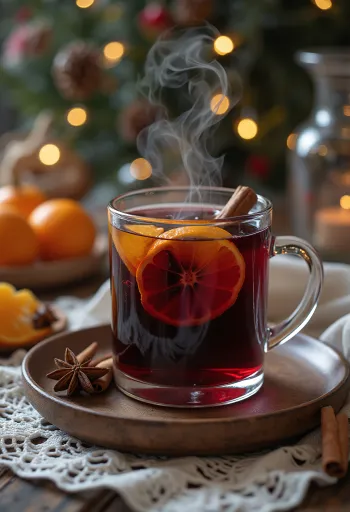 Un verre de vin chaud décoré de tranches d'orange et de cannelle.