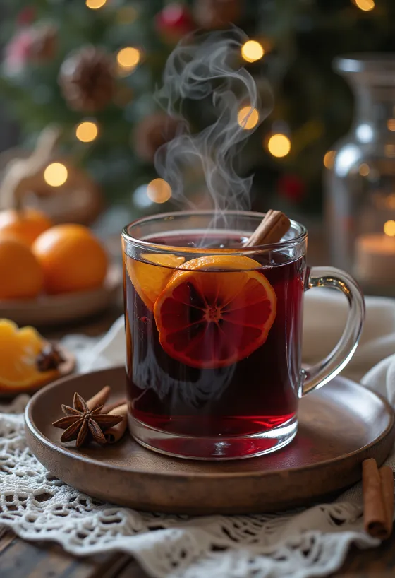 Un verre de vin chaud décoré de tranches d'orange et de cannelle.