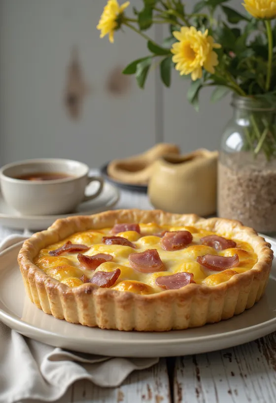 Quiche au fromage fumé et au jambon tranchée en présentation rustique