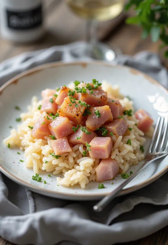 Riz pilaf au jambon fumé servi