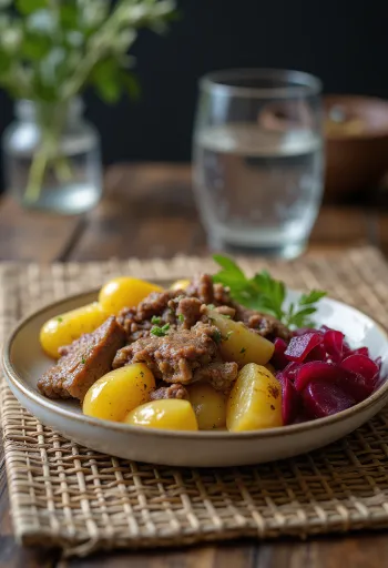 Pyttipanna servi avec œuf au plat et betteraves marinées