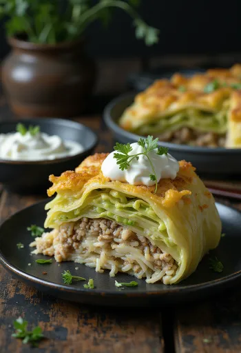 Gratin de chou frisé étagé avec de la viande hachée et du fromage à la crème, doré au four