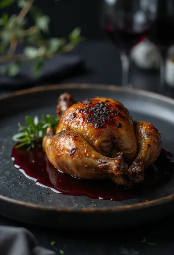 Perdrix rôtie au jus de vin rouge servie élégamment.