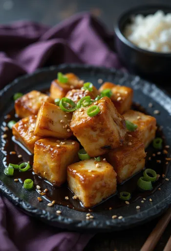 Tofu rôti marinade soja servi