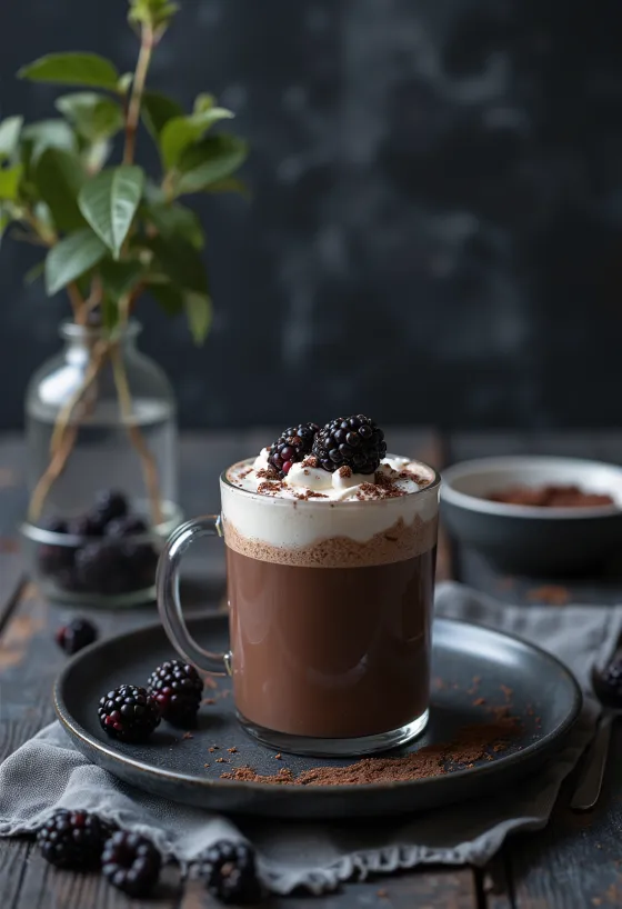 Mug de chocolat chaud garni de crème et de mûres