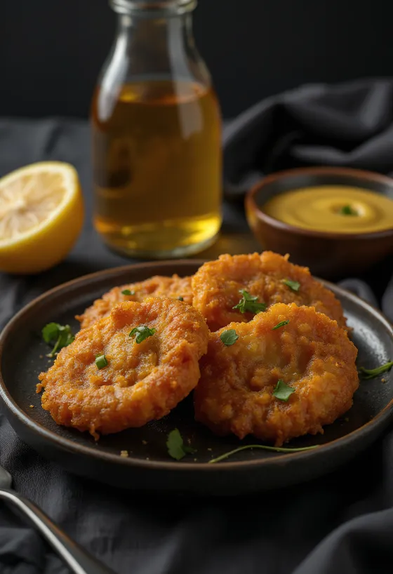 Acarajé sauce moutarde au miel, décoré de coriandre fraîche