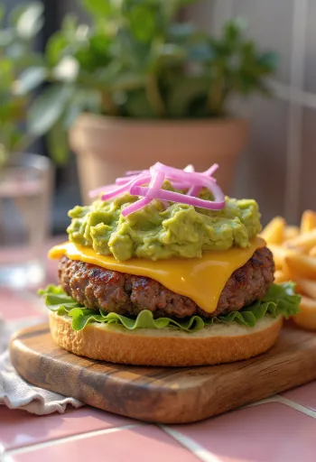 Burger à l'avocat avec steak juteux et crème d'avocat fraîche
