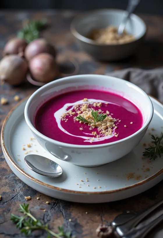 Velouté de betterave à la texture soyeuse, décoré de crème et de graines grillées