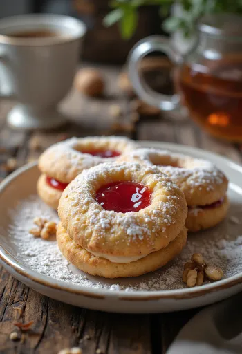 Sablés Linzer aux noix avec sucre glace et garniture confiture