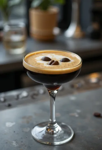 Cocktail Espresso Martini décoré de trois grains de café