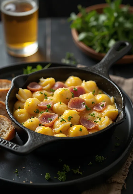 Nokedli aux œufs et jambon fumé servis