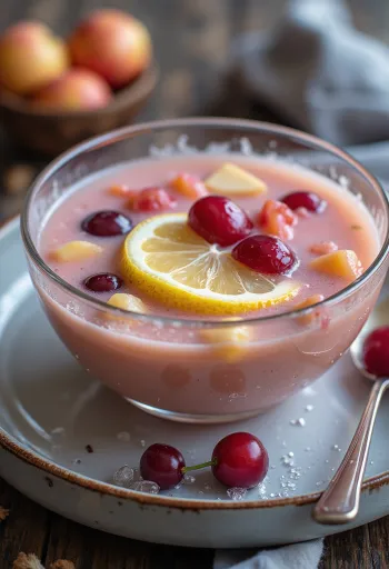 Soupe de fruits rafraîchissante et crémeuse, servie avec des morceaux de fruits frais