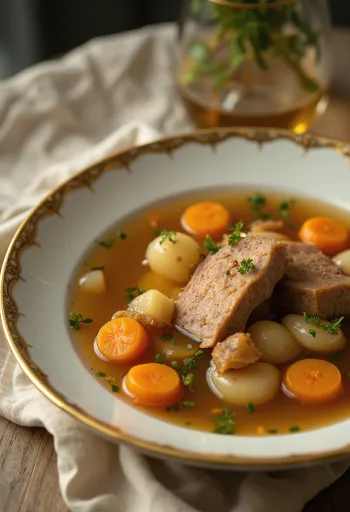 Bouillon riche servi avec bœuf et légumes