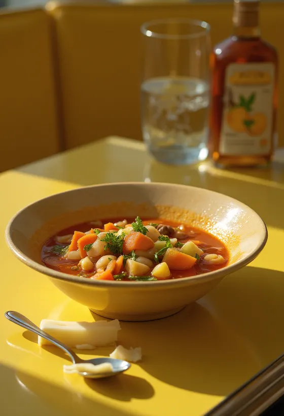 Minestrone frais servi, décoré de légumes et d'épices.