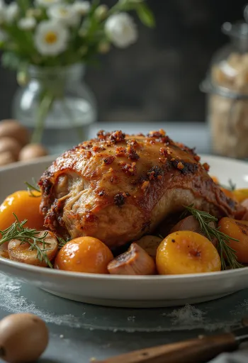 Porc-épic rôti aux herbes servi avec des légumes rôtis.