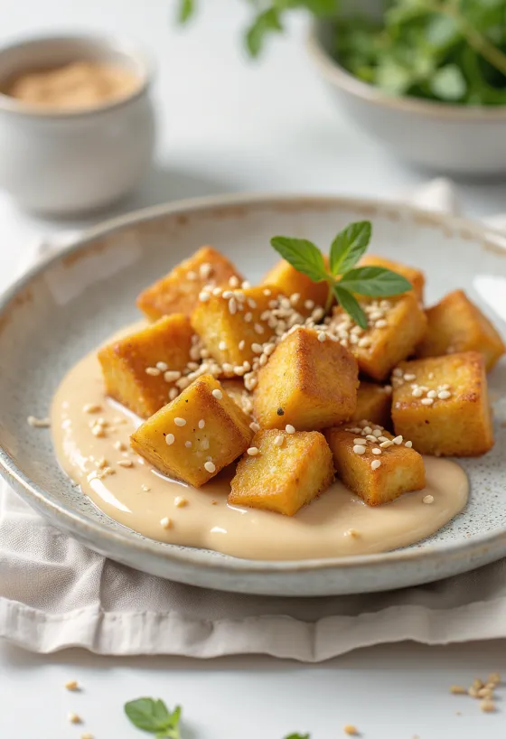 Tofu rôti sauce tahini servi