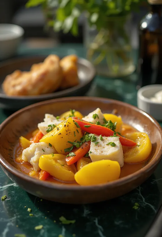 Ackee et morue salée servis avec légumes et épices