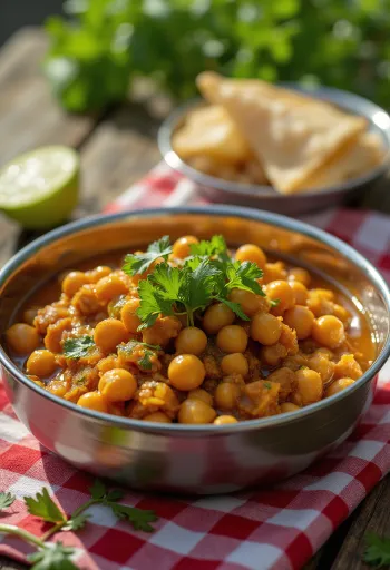 Chana masala servi avec de la coriandre et de riches épices