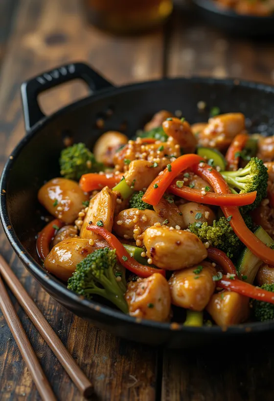 Wok de poulet aux légumes rôtis servi