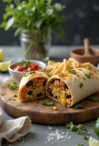 Burrito au poulet garni de légumes frais, de riz et de fromage
