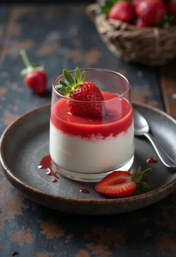 Panna cotta aux fraises décorée de fruits frais et de coulis