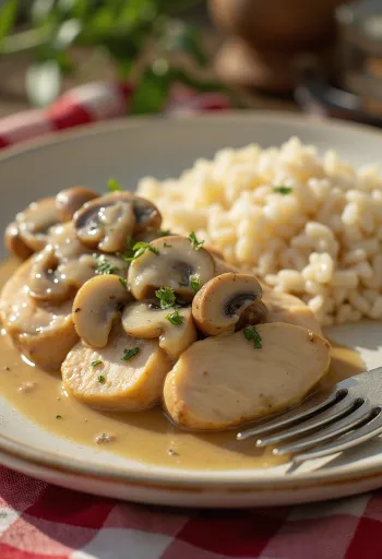 Blanc de poulet juteux avec sauce crémeuse aux champignons, servi sur une assiette blanche.