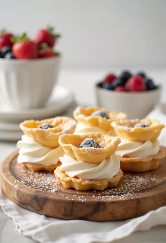 Krumkake croustillant garni de crème fouettée onctueuse
