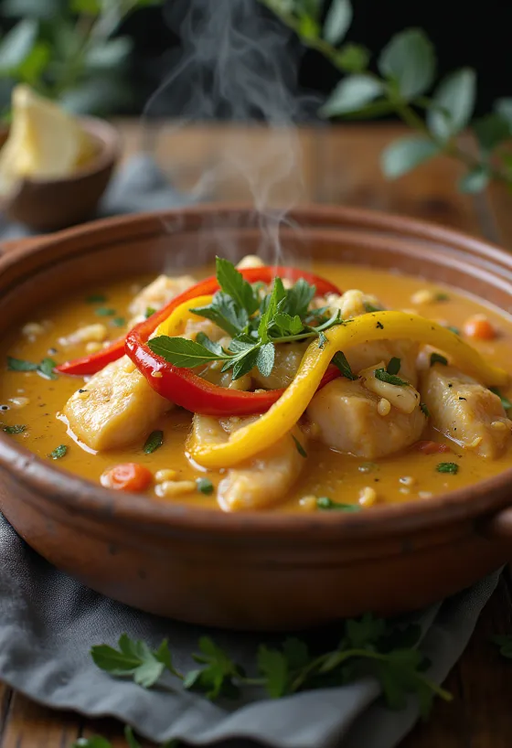 Moqueca avec morceaux de poisson, poivrons rouges et jaunes, servie dans une sauce au lait de coco
