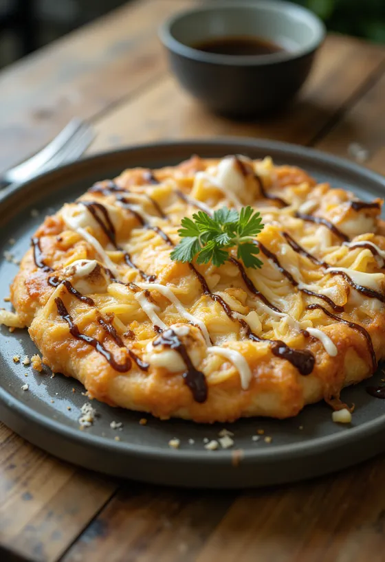 Pizza Okonomiyaki au chou et flocons de bonite