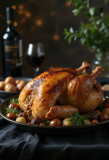 Dinde rôtie farcie aux marrons servie sur un plat avec des légumes.
