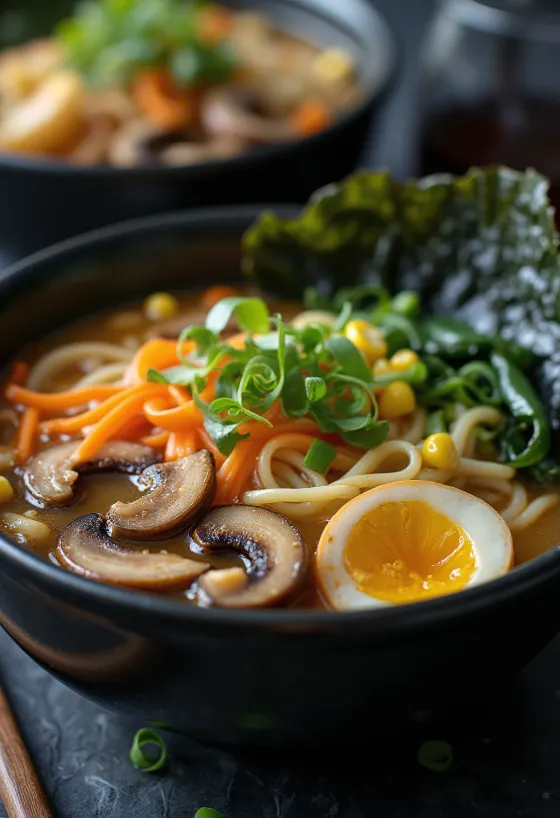 Ramen végan servi avec légumes