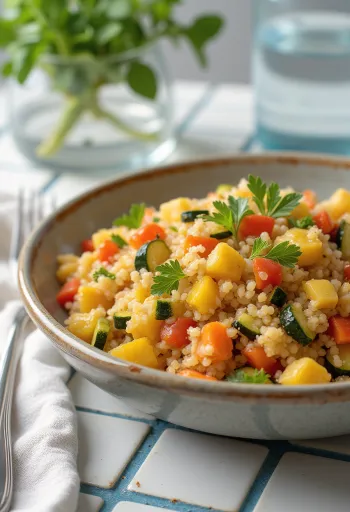 Boulgour aux légumes servi avec des morceaux de poivron frais, tomate et courgette