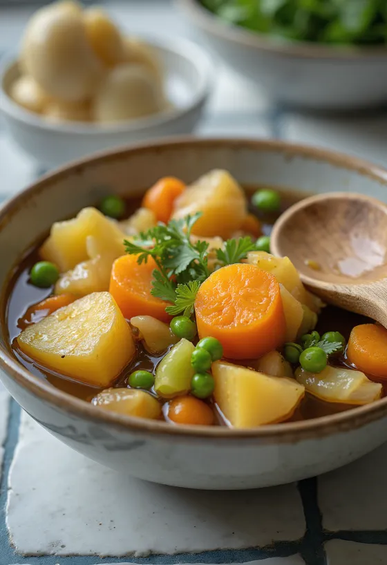 Nikujaga aux légumes, servi avec des légumes riches et appétissants et de la coriandre fraîche.