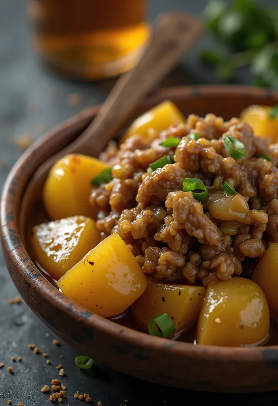 Adobo aux pommes de terre, viande épicée et pommes de terre croustillantes servies