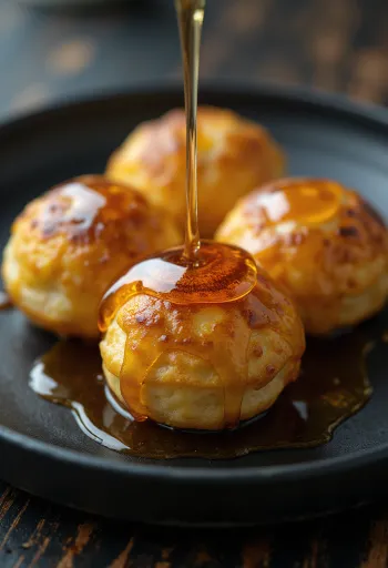 Æbleskiver au sirop d'érable, pâtisseries fraîches, dorées, servies avec du sirop d'érable